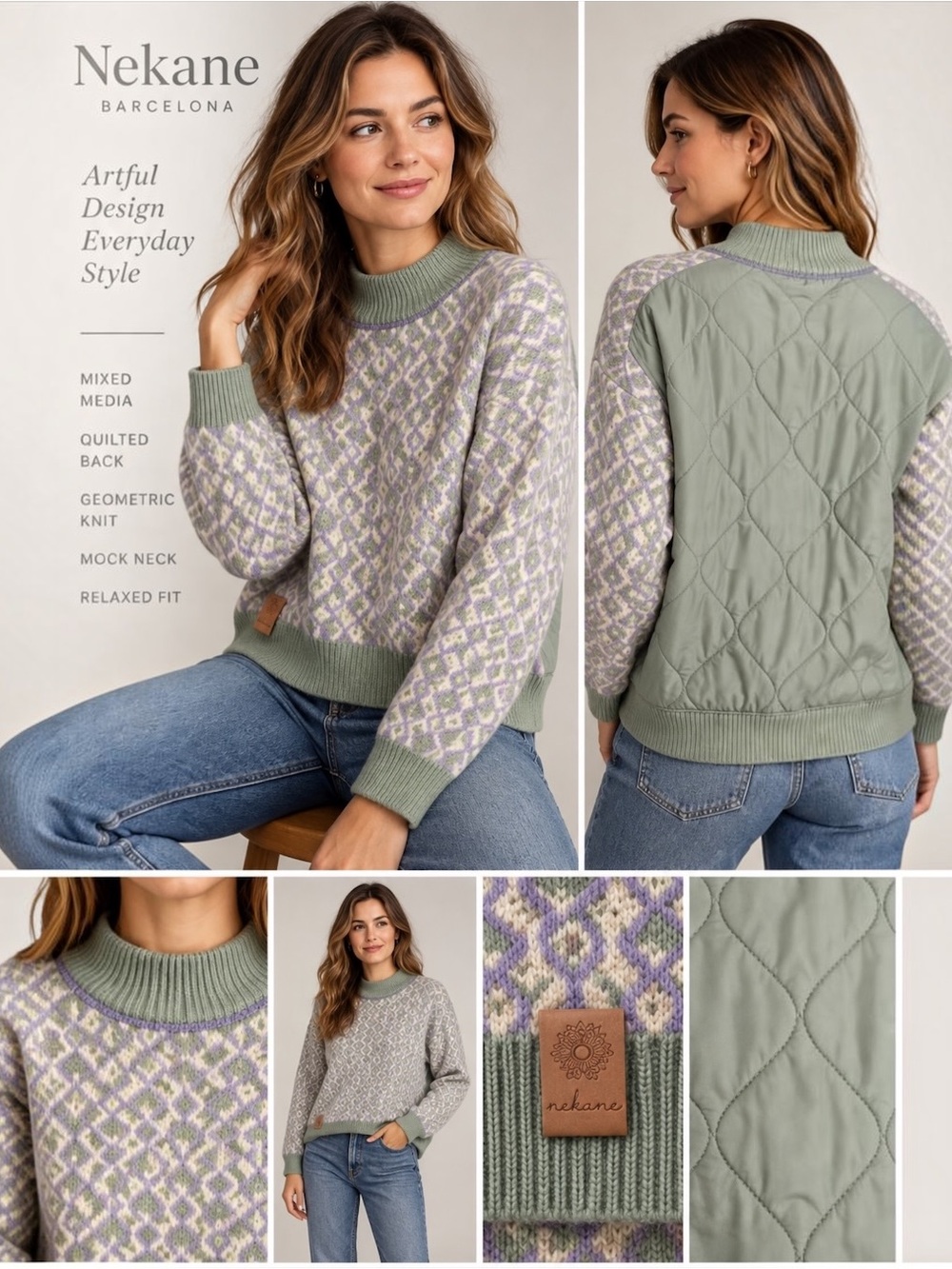 Nekane Mixed Media Quilted Back Geometric Mock Neck Sweater Medium Large NWT